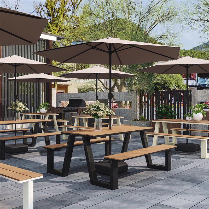 户外塑木桌椅组合带伞商业街咖啡厅奶茶店外摆休闲连体长凳餐桌椅