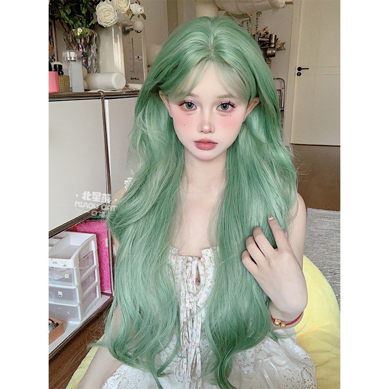一口喵假发女日常夏季新款长卷发八字刘海蕾丝绿色女团逼真全头套,美发护发/假发,日常整顶假发,淘宝优惠券,粉丝福利购,淘宝优惠卷