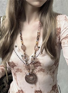 zoozmomo古早民族风豹纹项链女串珠挂饰长款锁骨链y2k废土风颈链