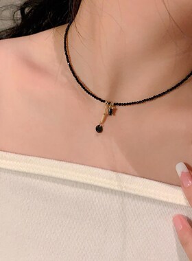 日韩天然水晶流苏颈链气质法式黑晶石项链小众设计感串珠锁骨链女