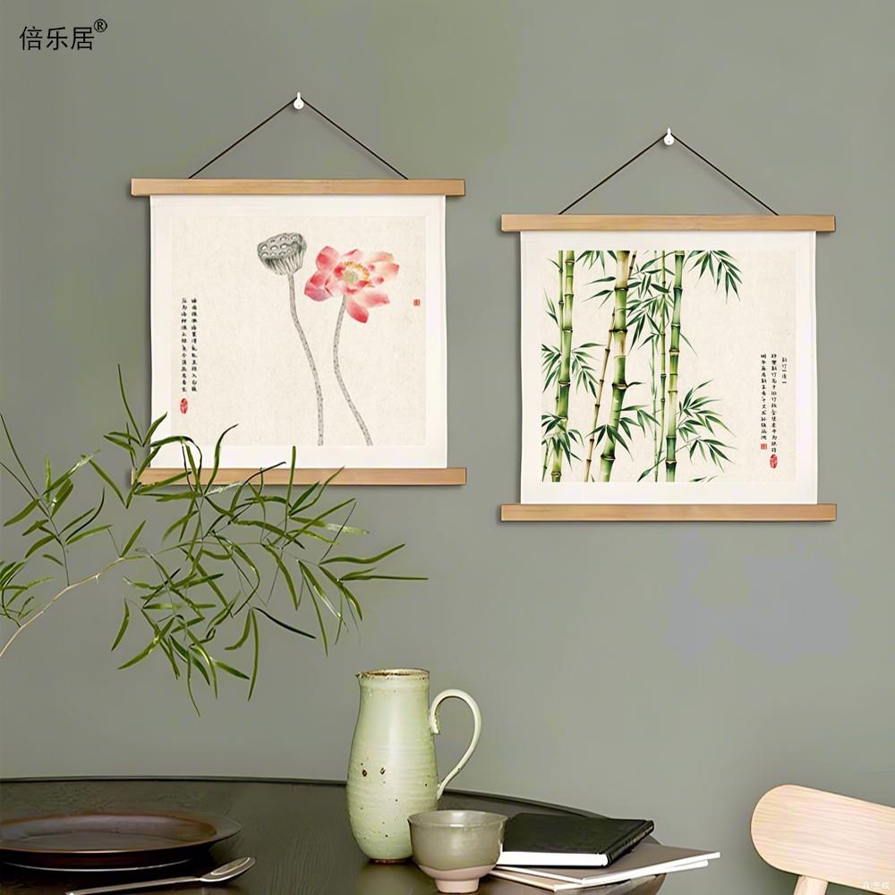 新款中式荷花装饰画挂画客厅餐厅简约花鸟壁画遮挡墙画竹子布艺画图片