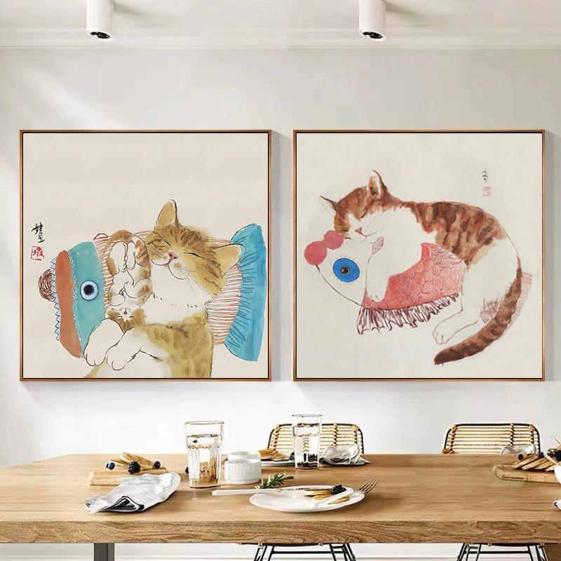 庆余年新中式简约餐厅装饰画饭厅餐桌背景墙面猫咪挂画民宿客厅画