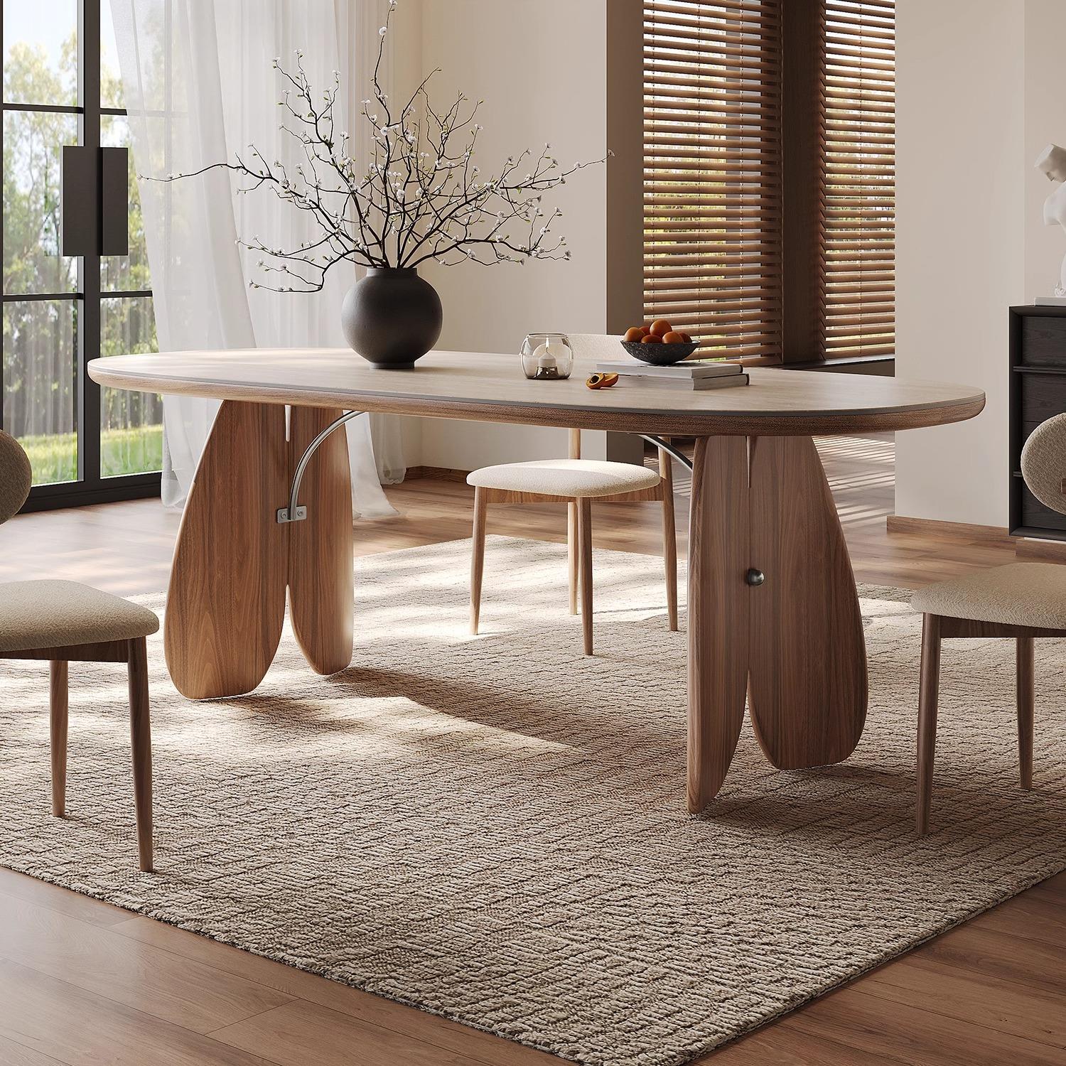 法式中古风岩板餐桌2025新款家用高级感小户型椭圆实木饭桌椅组合