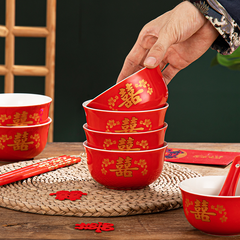 虎年陶瓷龙凤喜碗红碗筷套装结婚陪嫁婚礼用品礼品10碗筷勺春碗