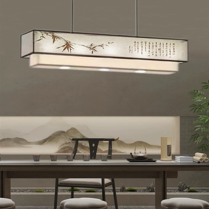 餐厅吊灯新中式中国风长方形卡座前台灯书房茶室装饰布艺禅意灯具