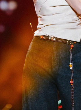 薛凯琪同款撞色串珠腰链女复古波西米亚民族风编织腰带百搭配饰潮