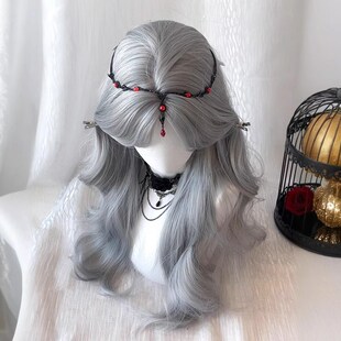 闪格假发女长发银灰色显白日常Lolita中分甜美大波浪长卷发全头套