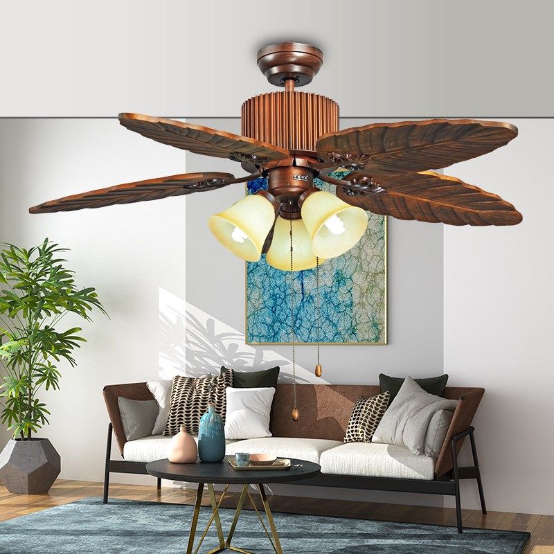 宸居实木吊扇灯中式客厅东南亚芭蕉树叶带灯风扇灯复古美式餐厅