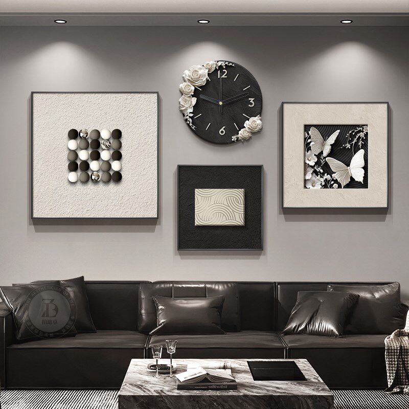 高级感立体砂岩客厅装饰画简约现代带时钟表沙发背景墙挂画组合画