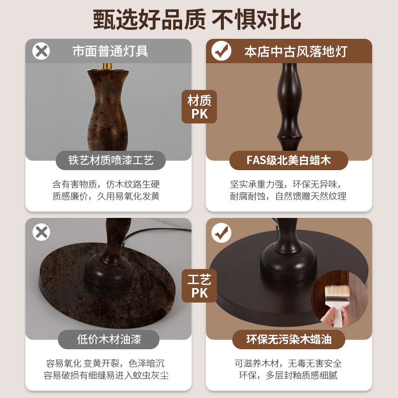 vintage落地灯客厅沙发法式复古实木中古风氛围灯卧室床头灯台灯