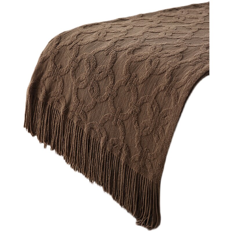 美式复古风针织床尾巾床旗搭毯沙发休闲装饰盖毯长款北欧简约棕色