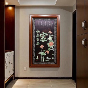 中式入户玄关装饰画竖版正对门走廊过道玉雕画3d立体客厅挂画新款