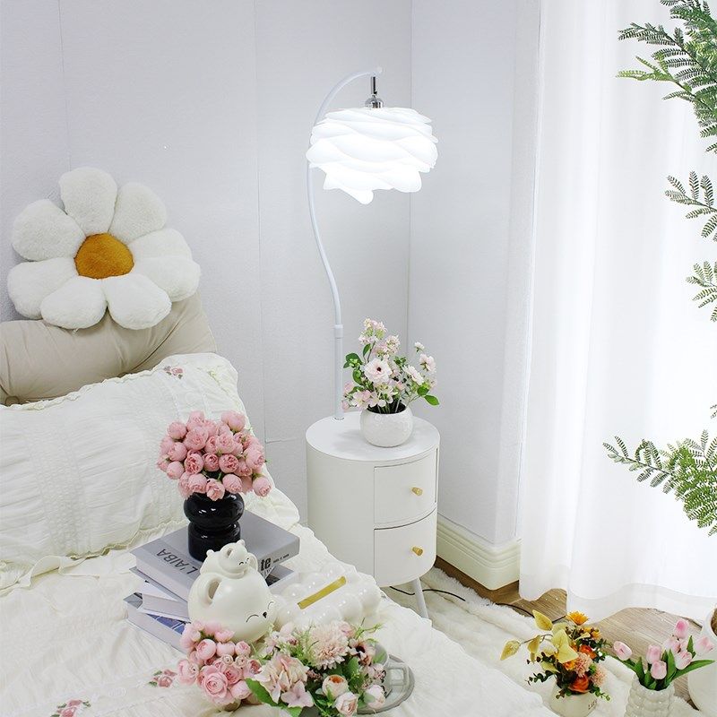 法式奶油风卧室落地灯客厅沙发边几装饰网红置物架床头柜台灯一体