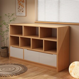 书架落地置物架收纳带柜门书柜储物柜一体矮柜客厅胡桃木色小柜子