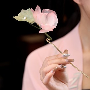 新中式国风发簪真丝烫花荷花簪子女古风古典舞头饰超仙气盘发发钗