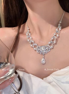 法式水滴珍珠项链女2025新款复古公主宫廷风锁骨链晚礼服镶钻颈链
