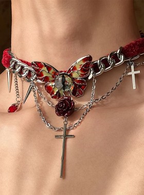 复古红色丝绒蝴蝶眼睛十字架项链女颈链小众设计高级感锁骨链配饰