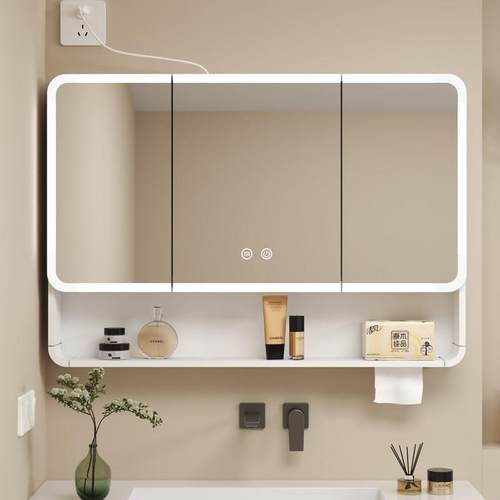 加厚圆弧浴室镜柜化妆室挂墙式智能带灯带美妆收纳层架收纳柜