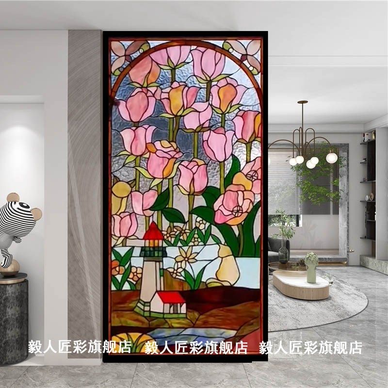 现代郁金香教堂艺术玻璃彩色镶嵌屏风门窗隔断玄关吊顶定制