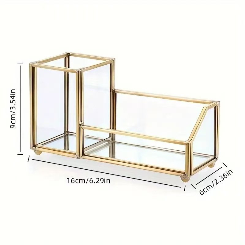 办公桌金色铜边钢笔收纳桶 玻璃名片夹 玻璃钢笔收纳桶名片盒