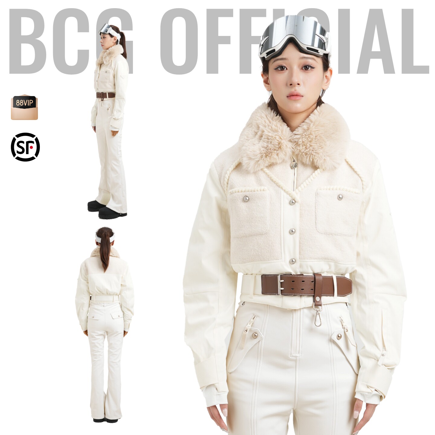 BCG短款老钱双板滑雪服毛呢外套2026新款保暖防风防水背带裤套装图片