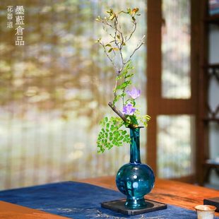 孔雀蓝花瓶摆件新中式 插花器皿 玻璃透明琉璃花器客厅禅意中式 日式
