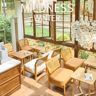 咖啡店接待洽谈真藤编实木沙发椅甜品店奶茶店阳台休闲区桌椅组合