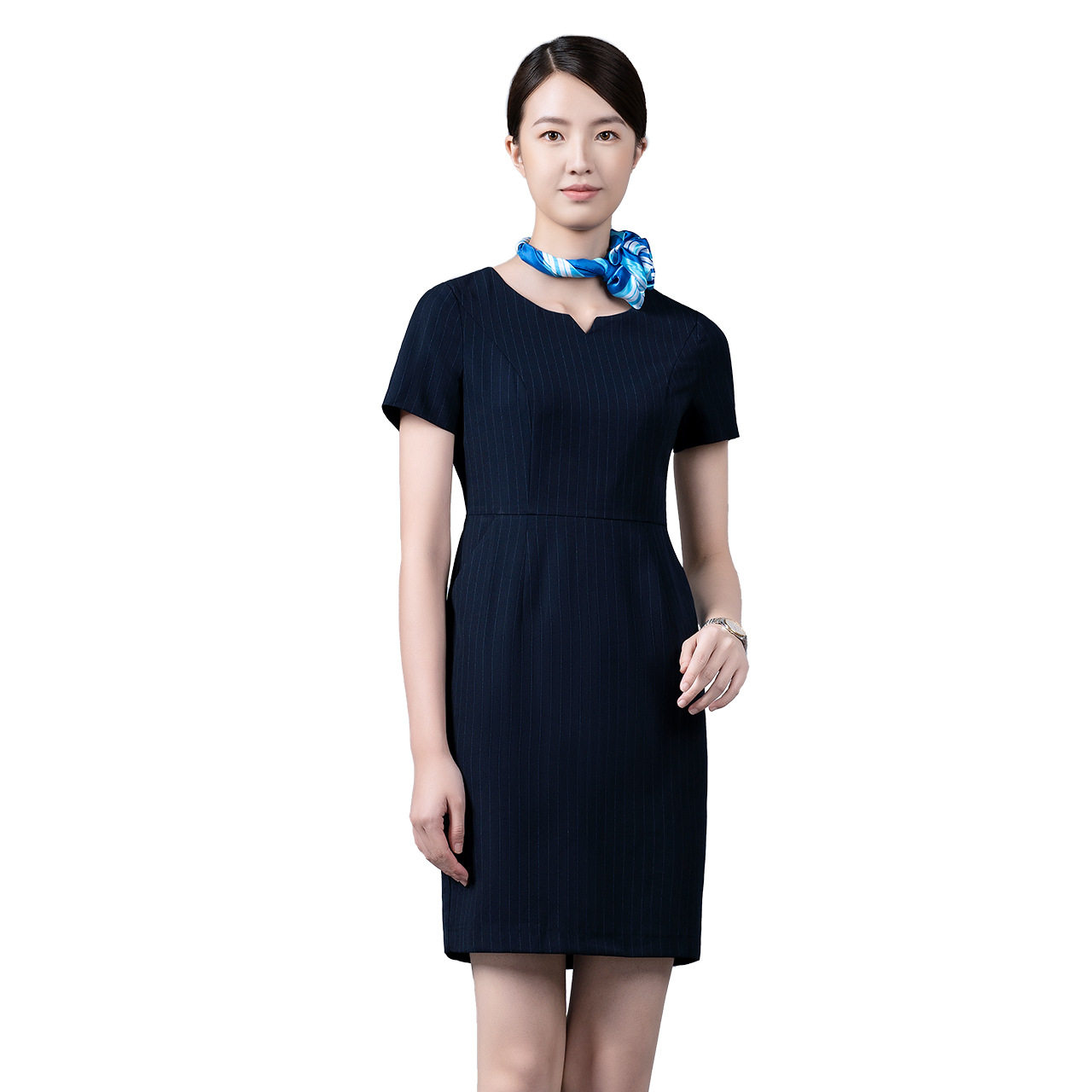 修身显瘦包臀职业装气质通勤条纹连衣裙前台经理工作服短袖裙子夏