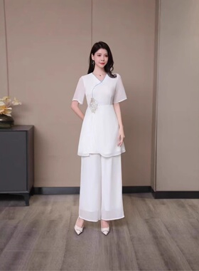 7359钉珠款美容院美容师技师工作服女气质足浴足疗修身双层裤套装