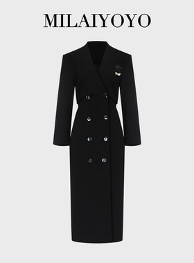 芈莱尤优—新款【奥兰多之夜】黑色双排扣风衣裙F23-5210