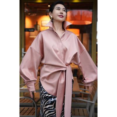 芈莱尤优-新款[流云裁影]气质阔版绑带翻领衬衣C25-8332