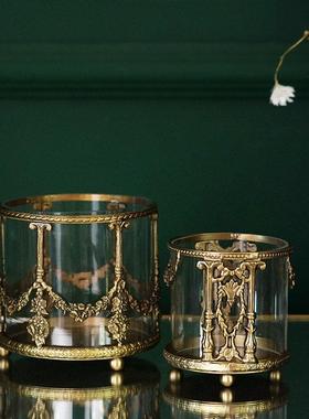 费灵家居欧式覆古雕花黄铜玻璃收纳桶化妆刷笔筒桌面轻奢摆件进口