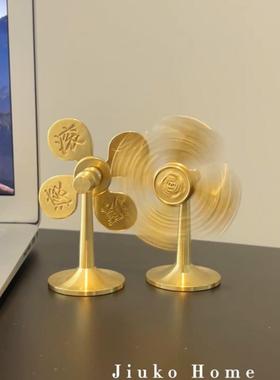 转转赚！财源滚滚工位小风车风生水起转运黄铜摆件工位玄学装饰品