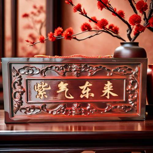 新款桃木雕刻紫气东来牌匾实木质雕花挂件大门口对门装饰品摆件