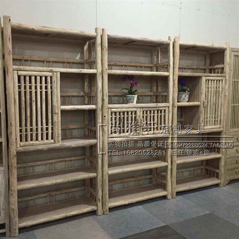 原木家具创意书架实木书柜组合新中式茶叶柜客厅展示免漆做旧整装