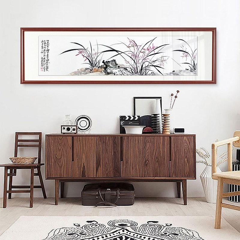 手绘中国画卧室床头客厅茶社酒店书房镜框装裱横幅对开兰花兰石图