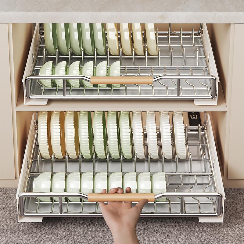 厨房碗盘抽拉式碗碟收纳架橱柜拉篮内置抽屉式碗架沥水盘子置物架