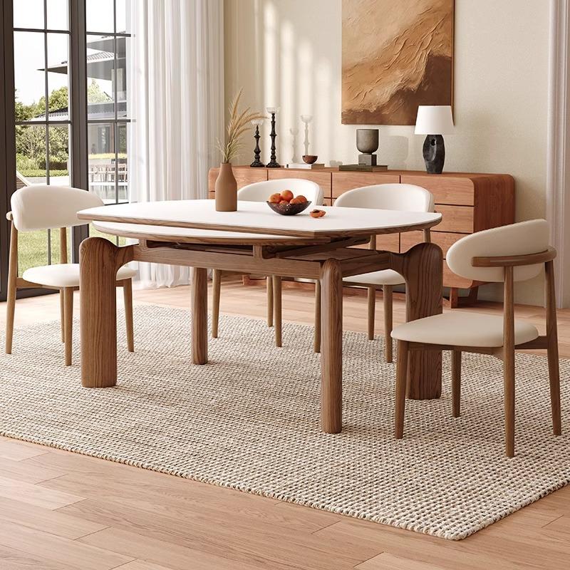 法式中古风白蜡木实木岩板可伸缩餐桌家用小户型方圆两用吃饭桌子