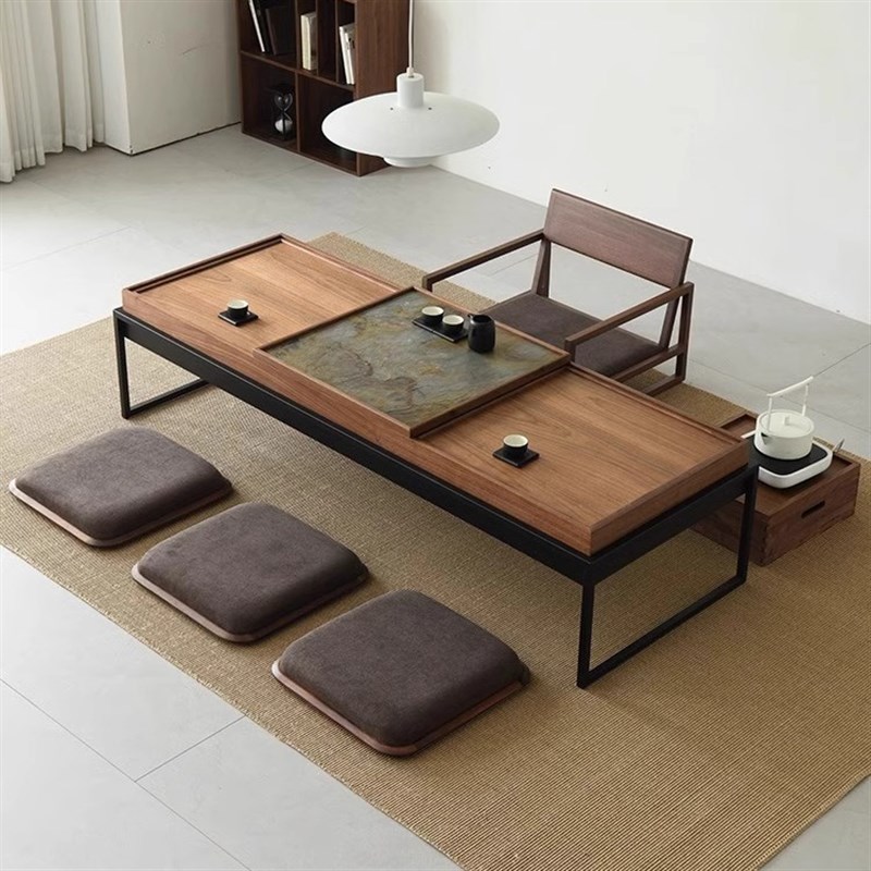 新中式乌金木榻榻米茶几阳台禅意茶台日式实P木地台矮茶桌椅组合
