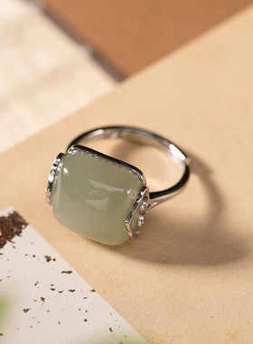 中国复古风S925银祥云精致戒指环大气质开口可调节W和田玉百搭女