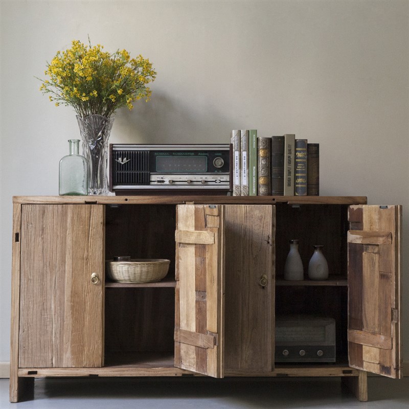 古朴年代实木鞋柜榆木四门柜大容量鞋柜活动隔板原V木多功能储物