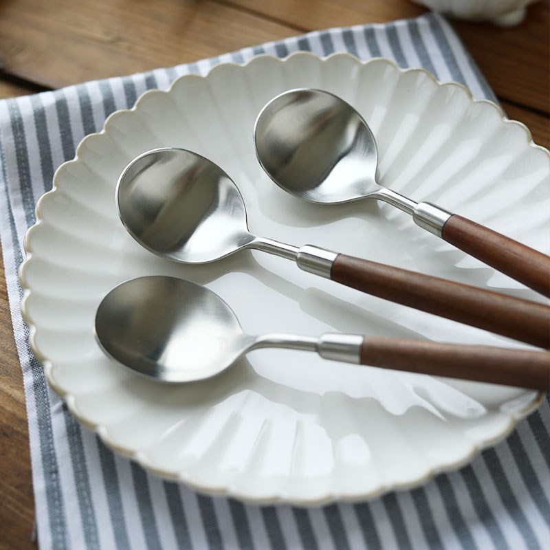 复古胡桃木拉丝西餐具304不锈C钢汤勺圆头勺子饭勺家用餐勺日式