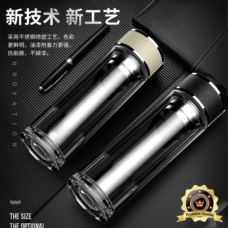 高档水晶双层玻璃杯耐高温水杯茶水分F离泡茶杯男士隔热杯车载商