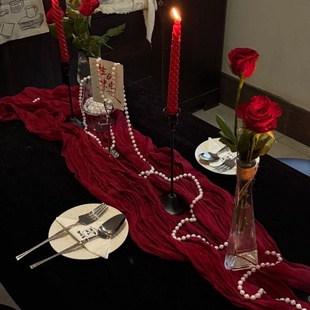 酒红色纱桌布氛围甜品台桌旗婚礼生日派对沙龙场景布置装饰褶皱布
