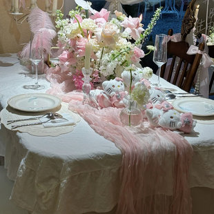 法式浪漫桌旗女神节长条桌布茶歇装饰沙龙场景布置甜品台褶皱桌布