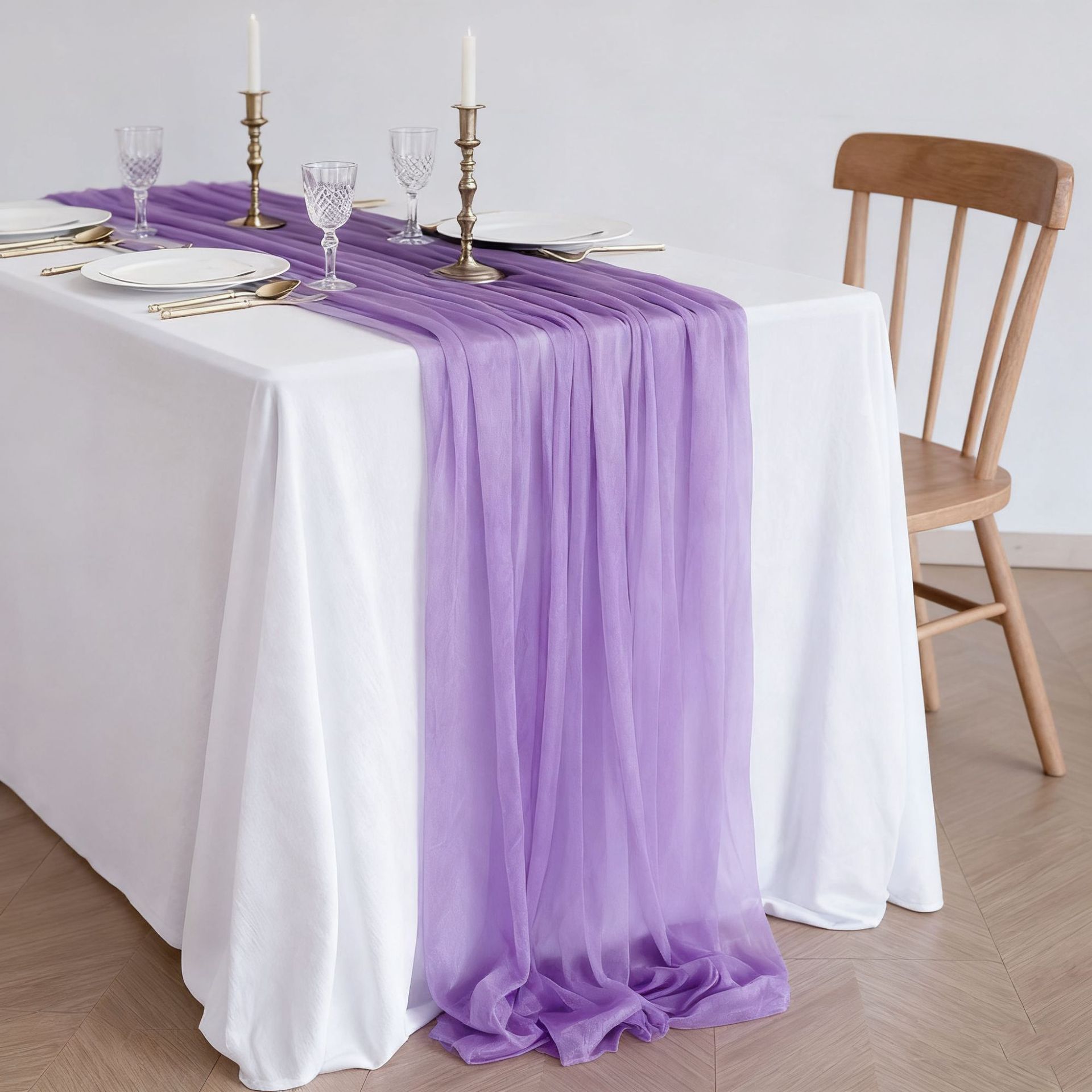 北欧紫桌旗纱幔帷幔美人纱婚庆生日派对活动装饰餐桌绉布雪纺桌布