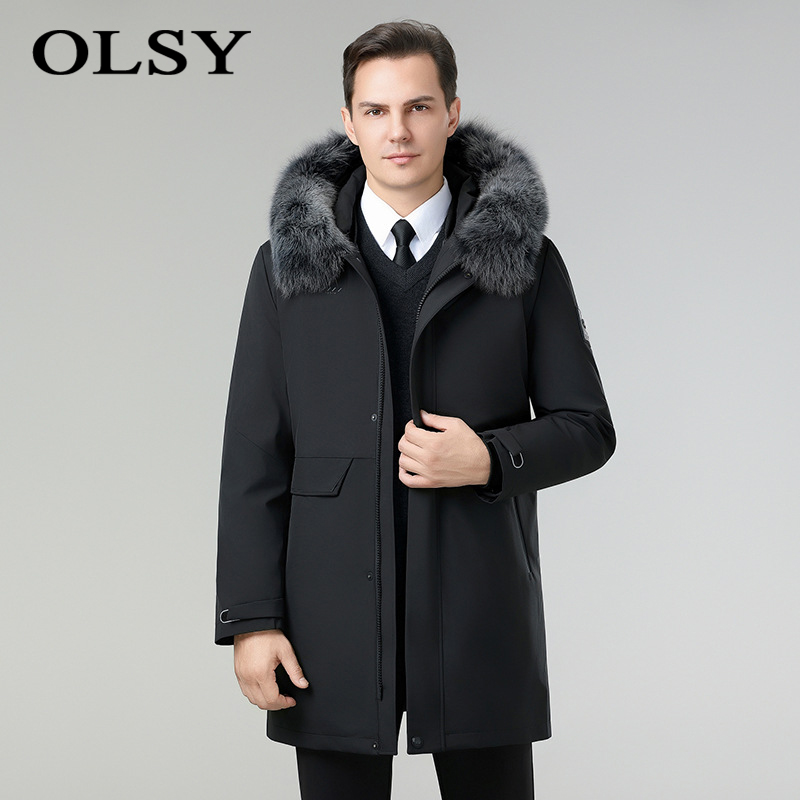 欧兰莎娅高端男士羽绒服中长款2025狐狸毛领加厚派克服白鸭绒大衣