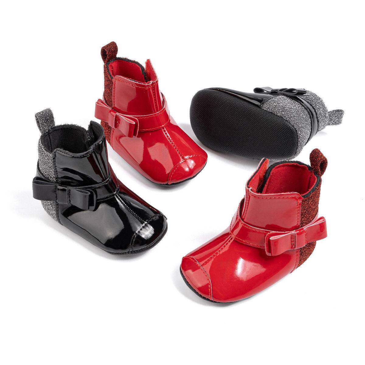 2024秋冬新款婴儿鞋保暖细闪皮靴蝴蝶结魔术贴学步鞋baby shoes