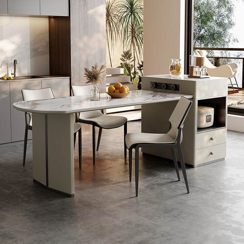 轻奢高级感岛台餐桌一体家用可伸缩小户型中岛台定制岩板岛台餐椅