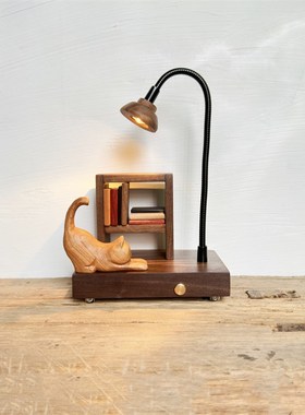 原木风木雕猫咪小众卧室床头民宿装饰创意礼品氛围木质摆件小夜灯